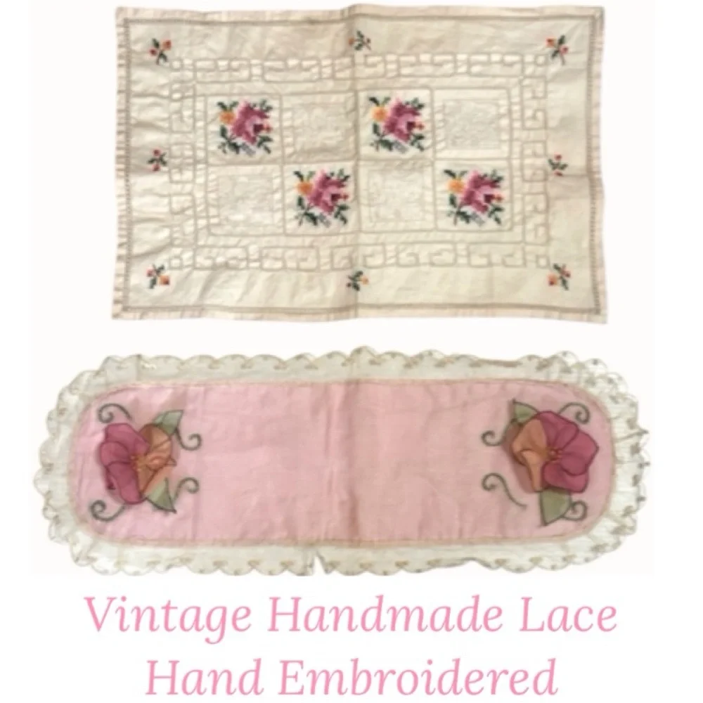 Vintage Embroidered Doily Hand Embroidery Hand Crafted Antique Lace Linen Floral